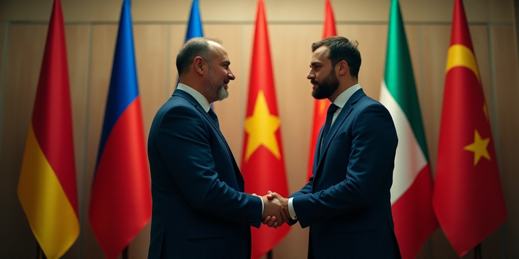 two men standing in front of flags talking to each other in a room with a wall painted with flags, D