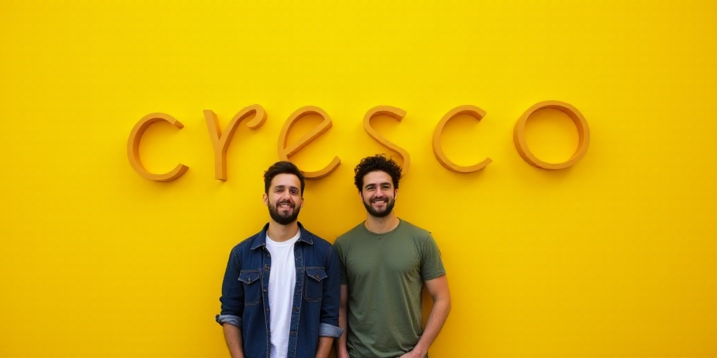 two men standing next to each other in front of a yellow background with the words cresco - gay and