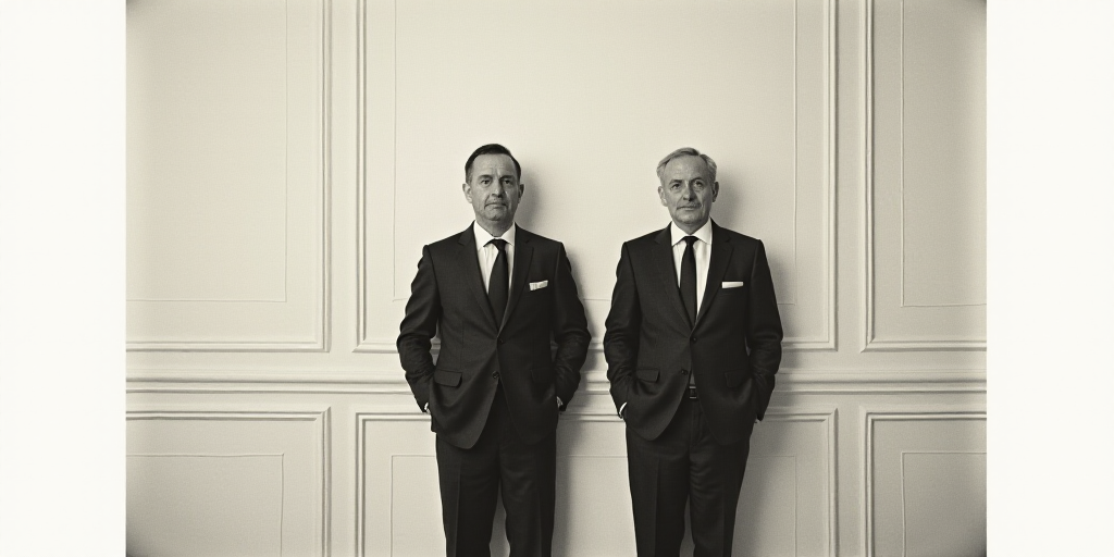 two men standing next to each other in front of a wall with white paneling and a white background, E