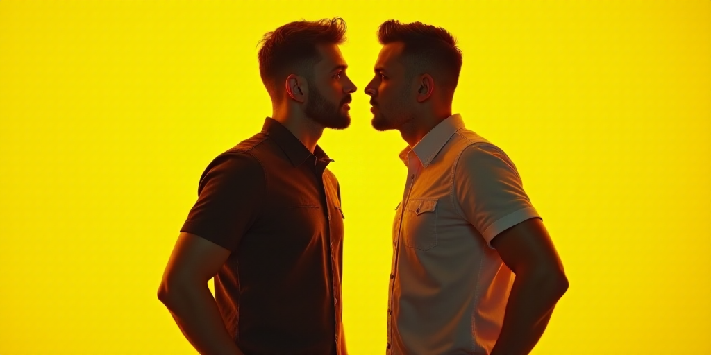 two men standing next to each other in front of a yellow background with the words cresco - gay and
