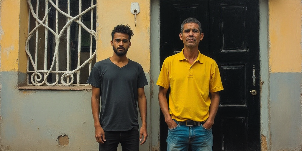 two men standing next to each other in front of a building with a black door and a yellow shirt, Ant