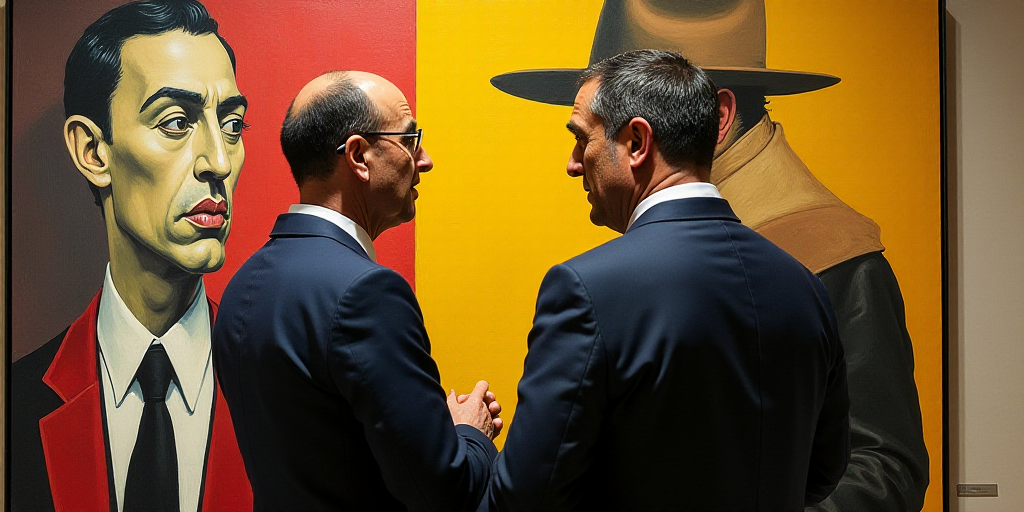 two men standing next to each other in front of a painting of a man in a suit and tie, David Alfaro