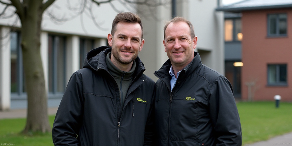 two men standing next to each other in front of a building with a tree in the background and a build