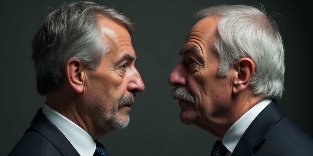two men with gray hair and mustaches are facing each other and one is wearing a suit and tie, Ada Gl