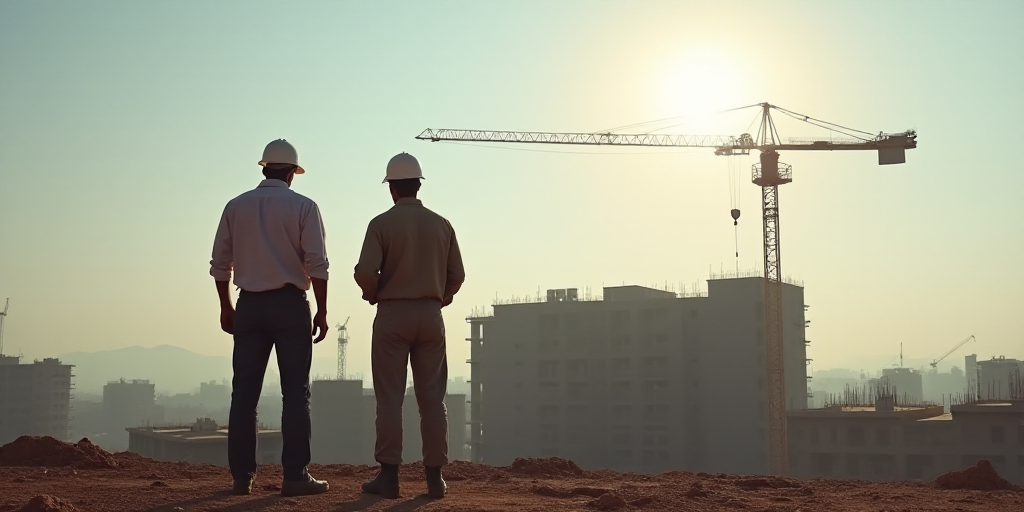 two men working on a construction site with a crane in the background and a building under construct