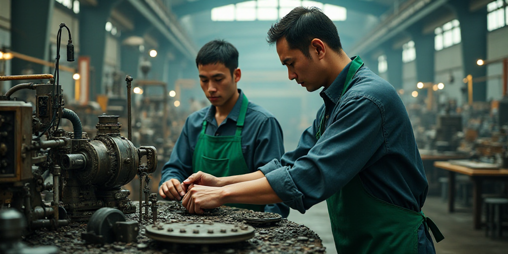 two men working on a machine in a factory with lots of machinery in the background and a man in a gr
