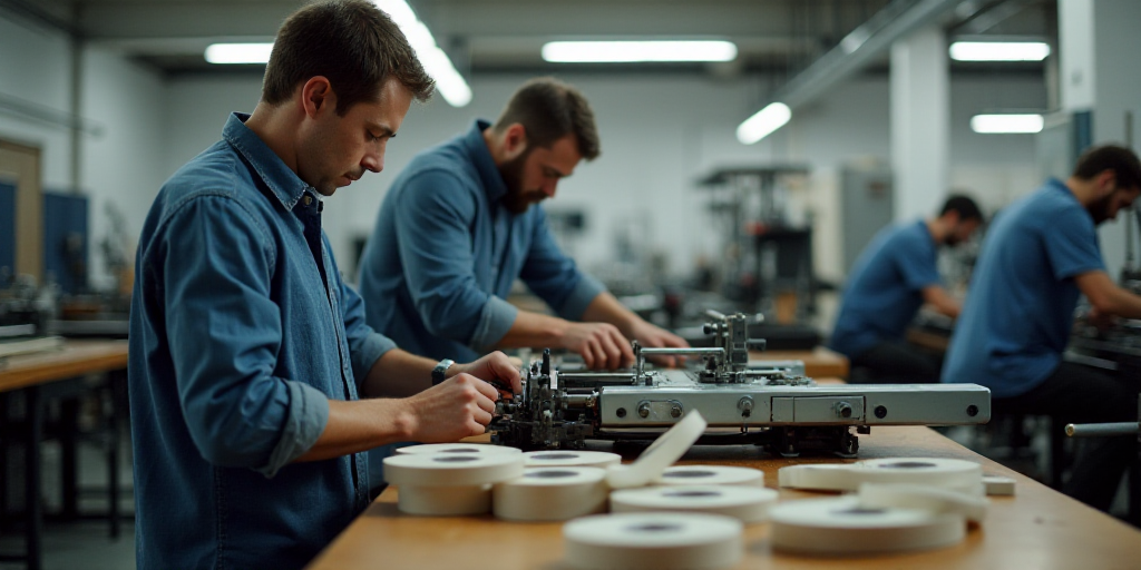 two men working on a machine in a factory with other machines in the background and a table with sev