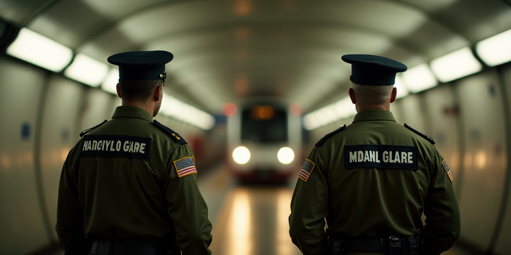 two military officers standing in a subway station looking at a train coming in the tunnel behind th
