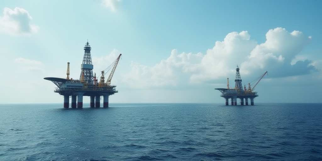 two oil rigs in the middle of the ocean with a sky background and clouds in the background,, Constan