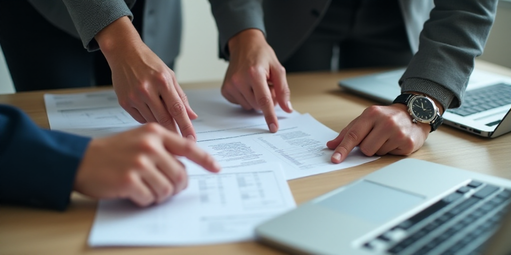 two people pointing at a piece of paper on a desk with a laptop and a watch on it, and a man pointin