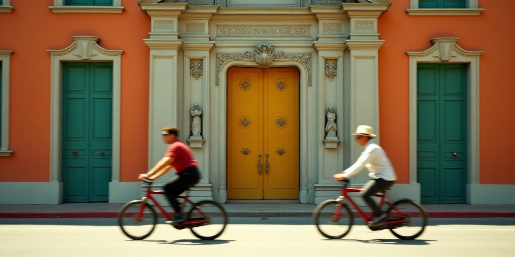 two people riding bikes in front of a building with a gold door and a statue on the front of the bui