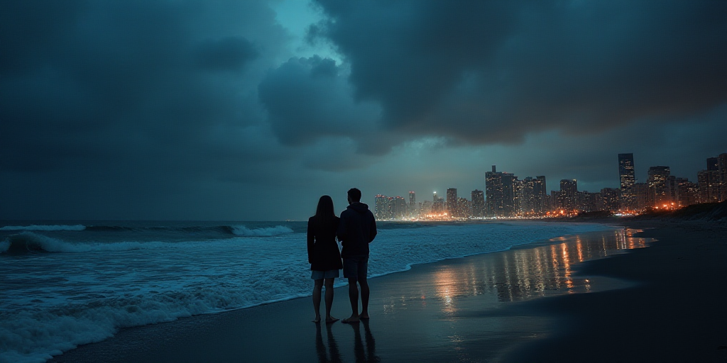 two people standing on a beach at night with a city in the background and lights on the water behind