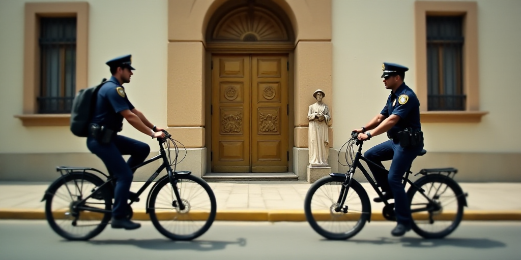 two police officers riding bikes in front of a building with a gold door and a statue on the side of