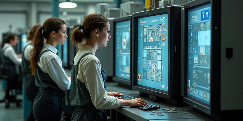 two women working on a machine in a factory with other workers nearby looking at the machine screen