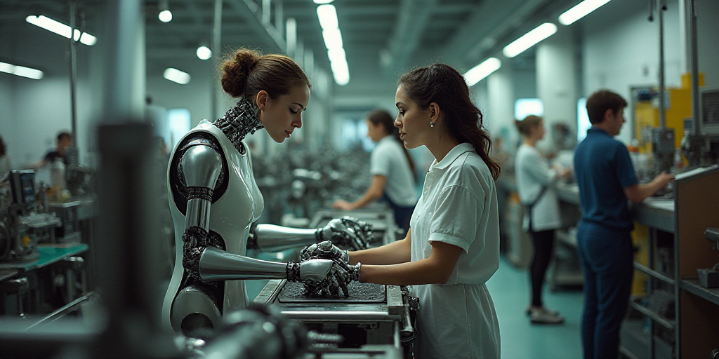 two women working on a machine in a factory with other people watching them from the sidelines of th
