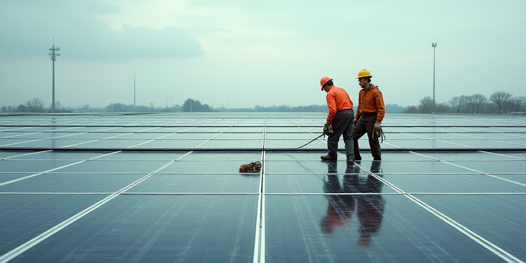 two workers are working on a solar panel roof in a large field of solar panels, with one worker in t