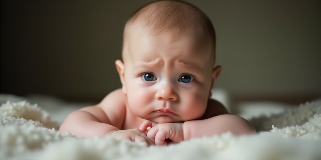 a baby laying on a blanket with a sad look on his face and eyes, with a blurry background, Anne Gedd