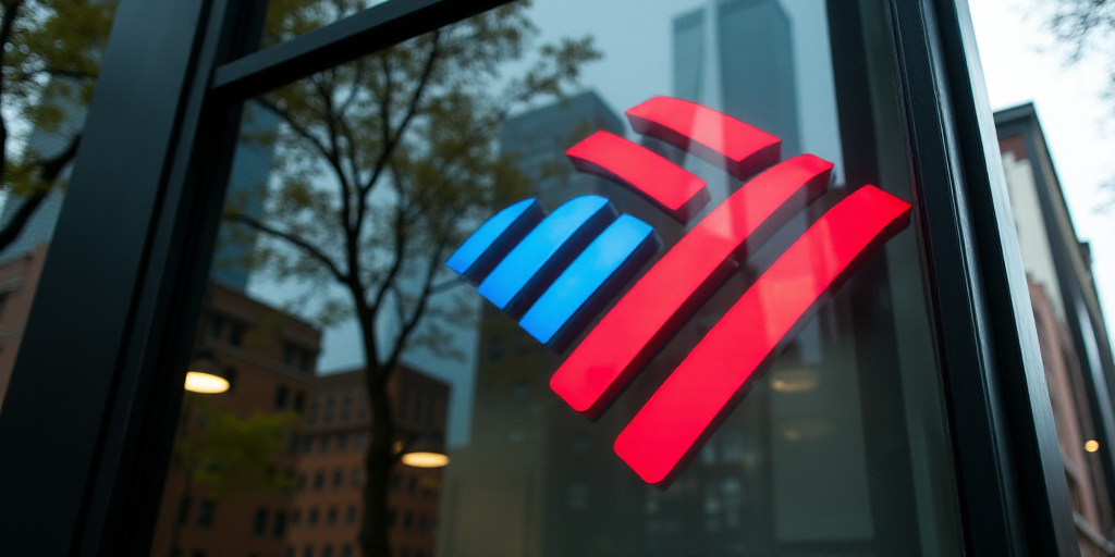 a bank of america sign is reflected in a glass building window with trees in the background in new y
