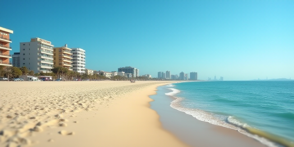 a beach with a bunch of buildings next to it and a body of water in the background with a blue sky,
