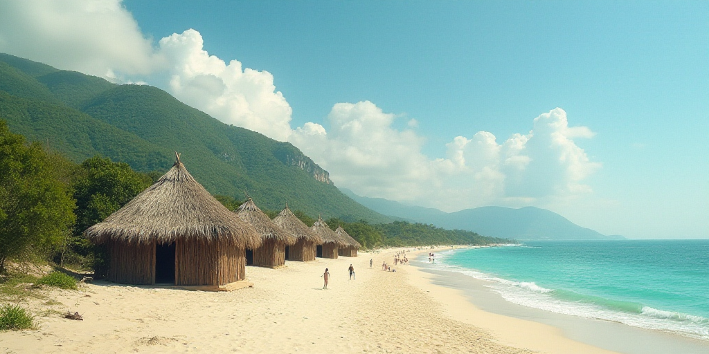 a beach with a bunch of huts on it and a body of water in front of it with people on it, Araceli Gil