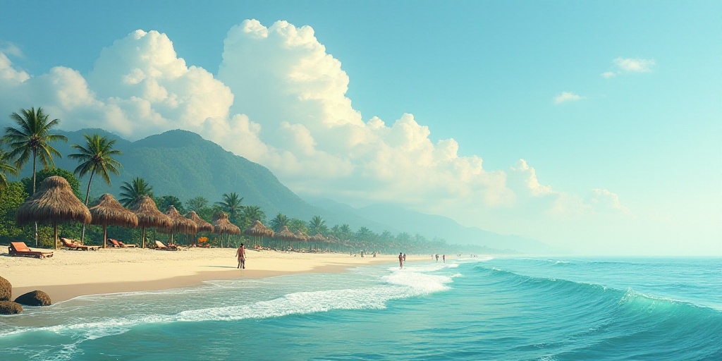 a beach with a bunch of huts on it and a body of water in front of it with people on it, Araceli Gil