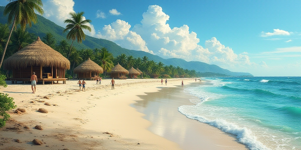 a beach with a bunch of huts on it and a body of water in front of it with people on it, Araceli Gil
