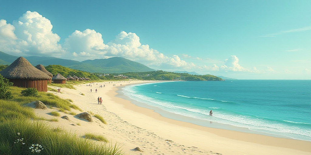 a beach with a bunch of huts on it and a body of water in front of it with people on it, Araceli Gil