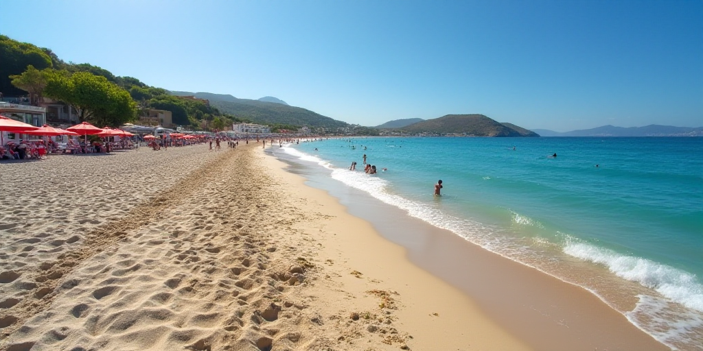 a beach with a lot of people on it and some water and sand and some umbrellas and people in the wate