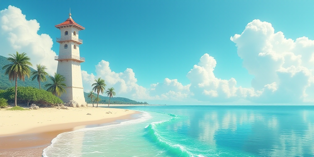 a beach with a tower in the middle of it and palm trees on the side of it and a body of water in the