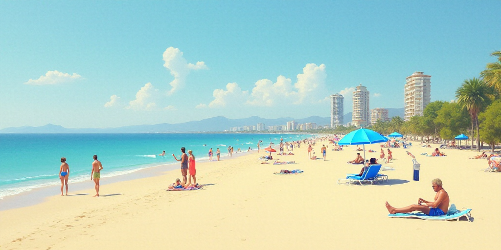 a beach with people sitting and standing on it and a few buildings in the background and a few blue