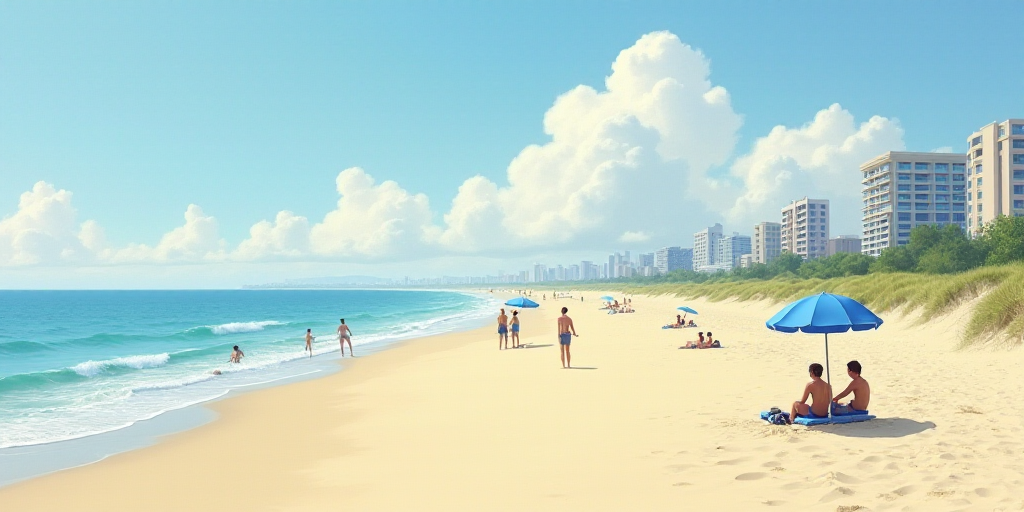 a beach with people sitting and standing on it and a few buildings in the background and a few blue