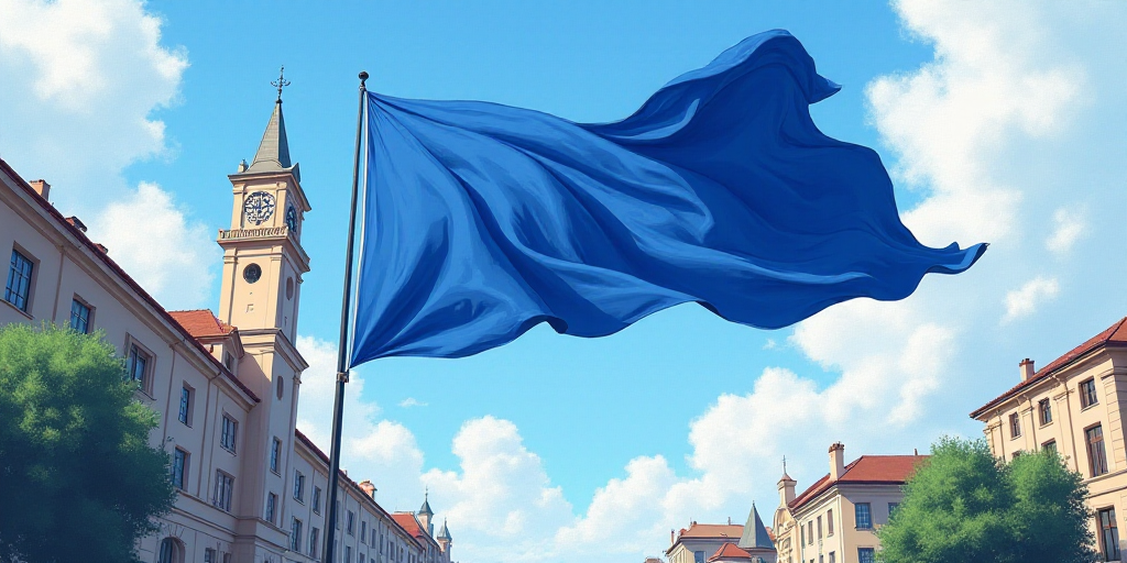 a blue flag flying in front of a tall building with a clock tower in the background and a flag on a