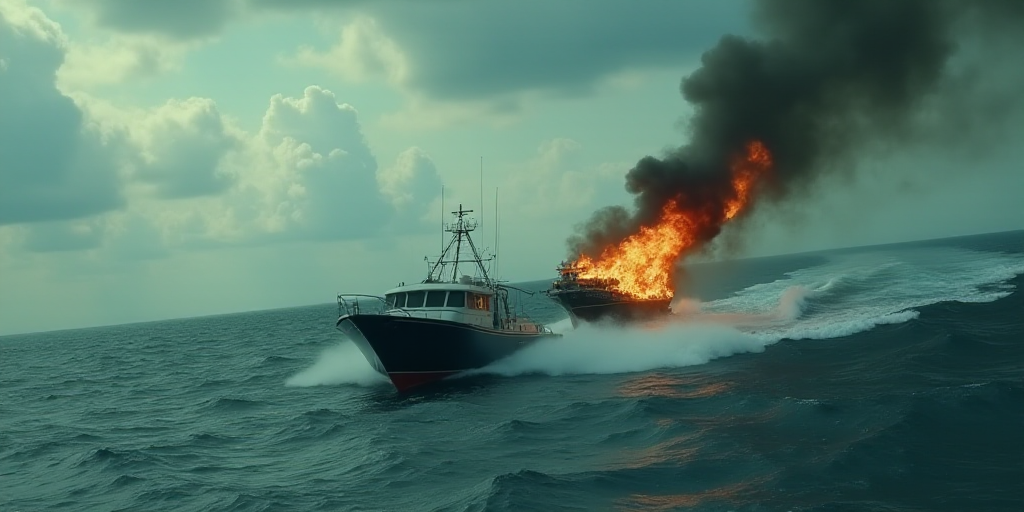 a boat is being tossed by a wave in the ocean while it is being towed by a boat on fire, Charles Moz