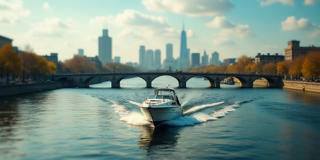 a boat traveling down a river next to a bridge over water with a city in the background on a sunny d