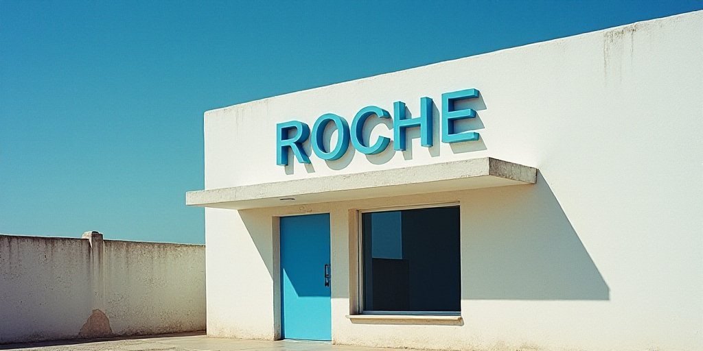 a building with a blue sign that says roche on it and a white building with a blue sign that says ro