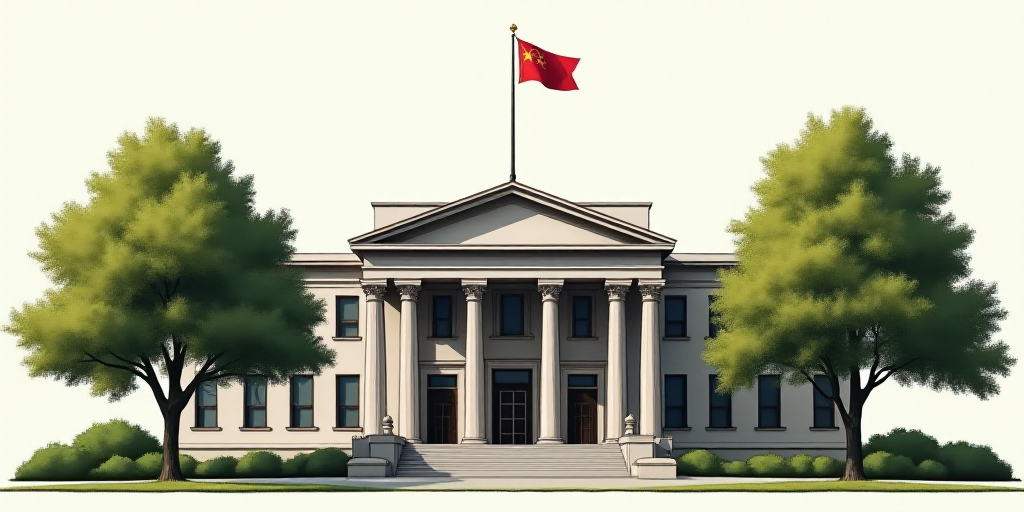 a building with a flag on top of it and trees in front of it and a flagpole on top of it, Carlos Tri