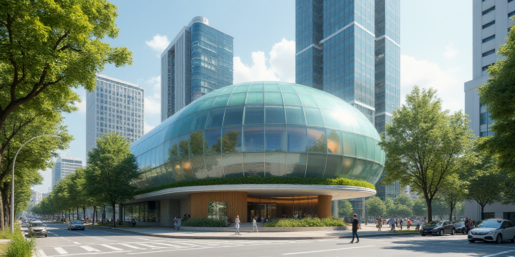 a building with a glass dome on top of it in a city street with tall buildings in the background, Ca