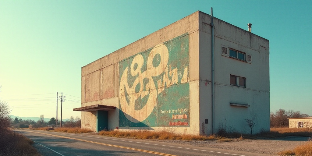 a building with a large sign on the side of it's side and a sky background behind it, Évariste Vita