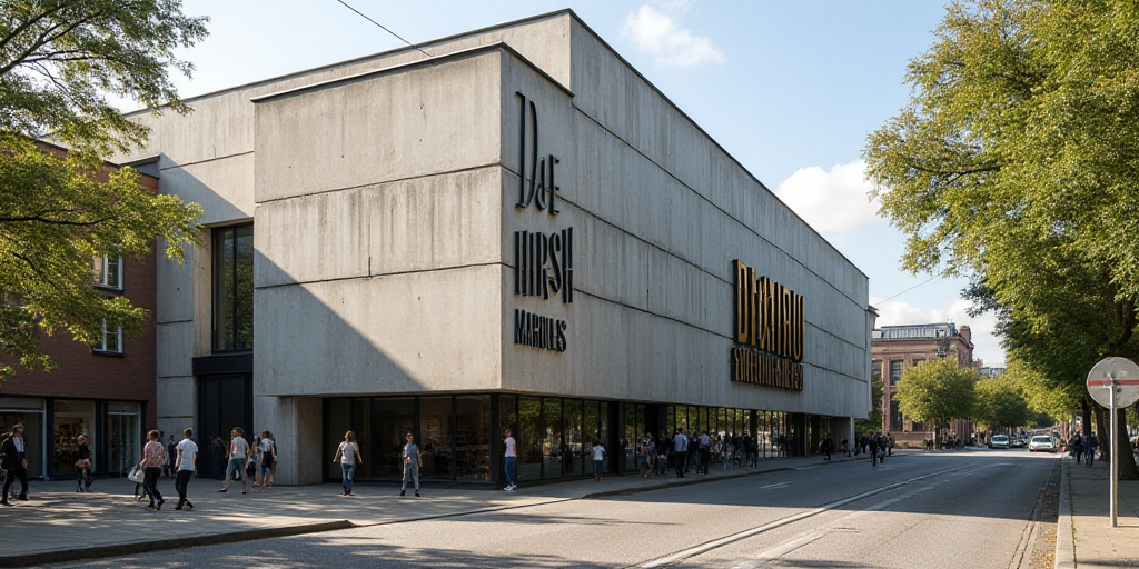 a building with a large sign on the side of it's side walk next to trees and people, De Hirsh Margul