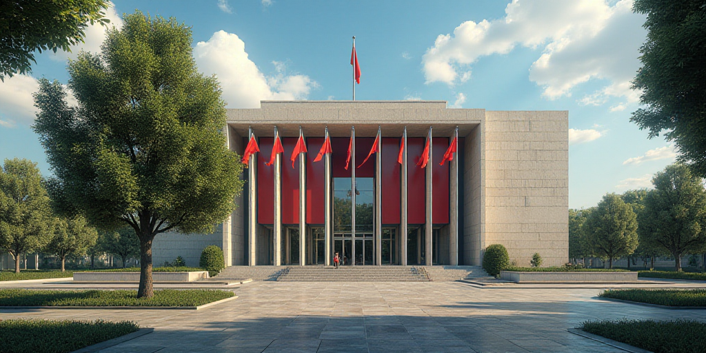 a building with a lot of flags in front of it and a tree in front of it with a sky background, Edi R