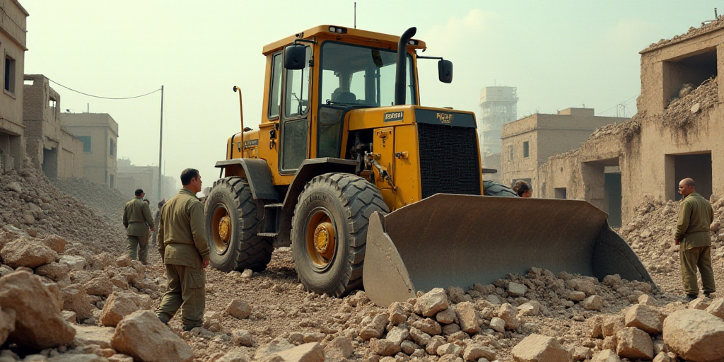 a bulldozer digging through a rubble filled area with people standing around it and a building in th