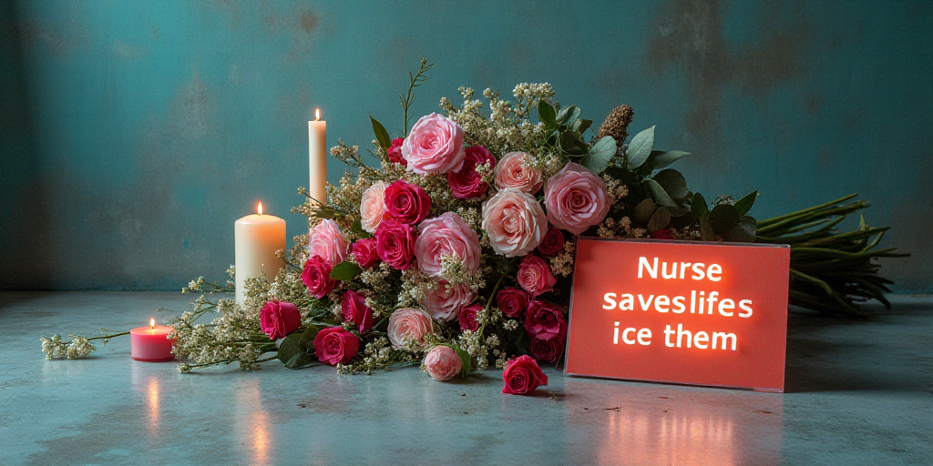 a bunch of flowers and candles are on the ground with a sign that says nurse saves lives ice them, E