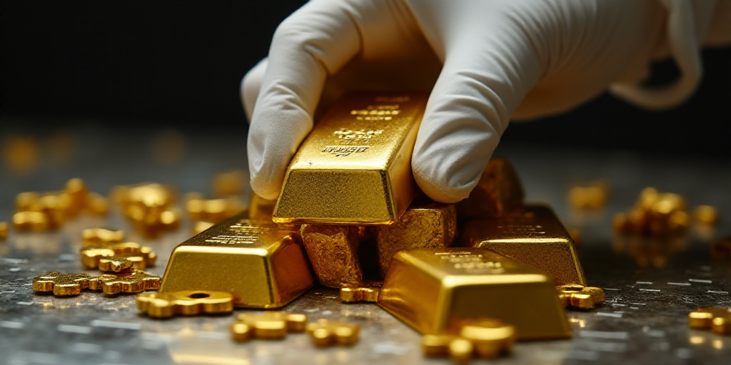 a bunch of gold bars are on a table with a gloved hand holding one of them up to the camera, Enguerr