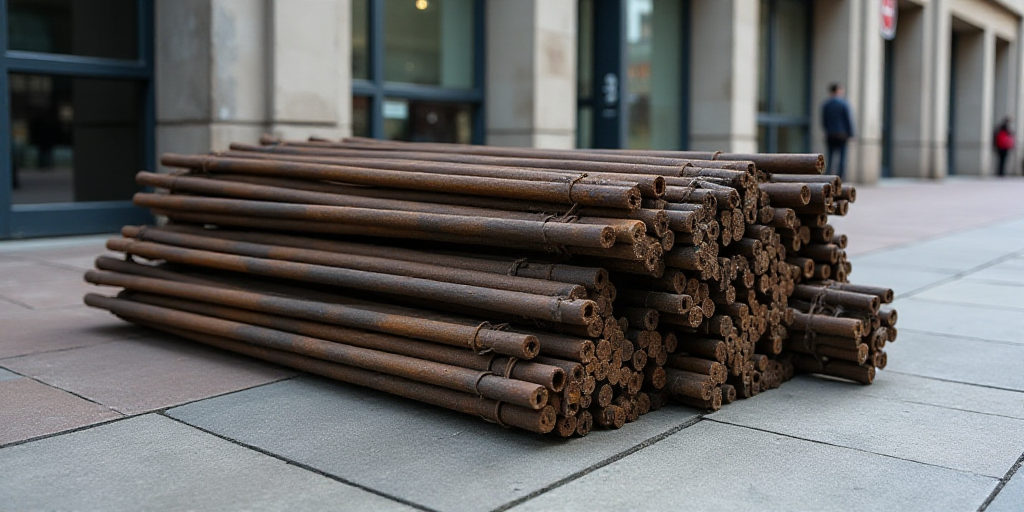 a bunch of metal bars sitting on top of a sidewalk next to each other on a sidewalk next to a buildi