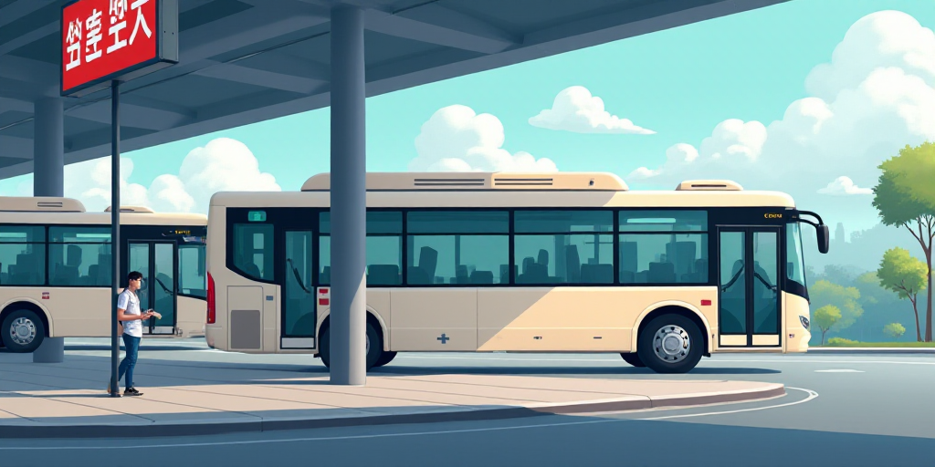 a bus parked in a bus station with other buses in the background and a man standing on the sidewalk,
