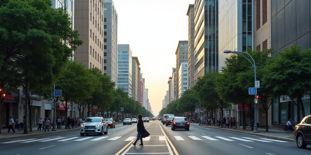 a busy city street with lots of traffic and pedestrians crossing it in the daytime time, with tall b