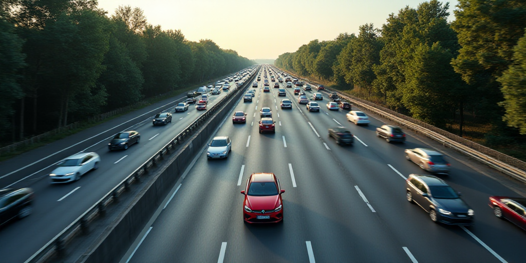 a busy highway filled with lots of traffic and lots of cars driving down it's sides, with a red car