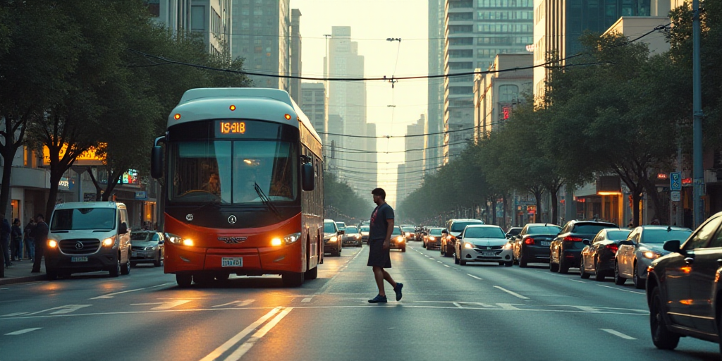 a busy street filled with lots of traffic and a person walking on the sidewalk near a bus and a bus,