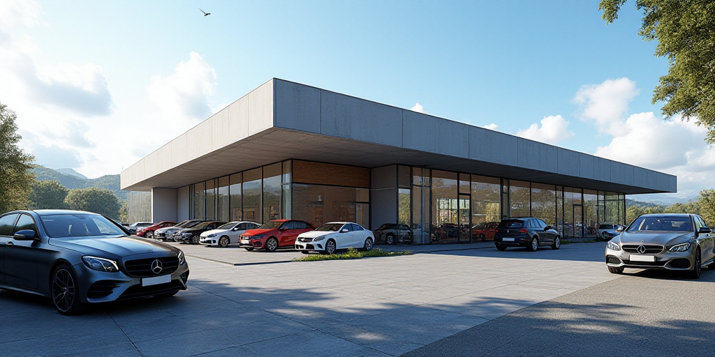 a car dealership with several cars parked in front of it and a few cars parked in front of it, Almad