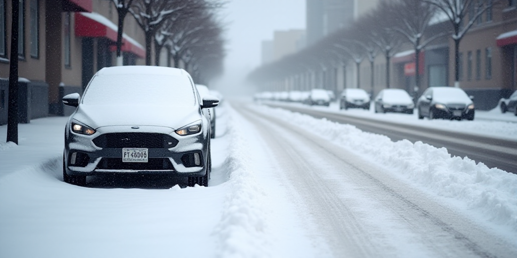 a car is covered in snow on a city street in winter time, with a few cars parked on the side of the